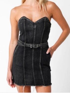 Olivaceous Black Strapless Denim Mini Dress with Belt